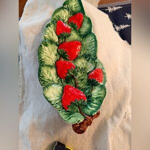 Leaf-Shaped Ceramic Platter with Red Strawberries